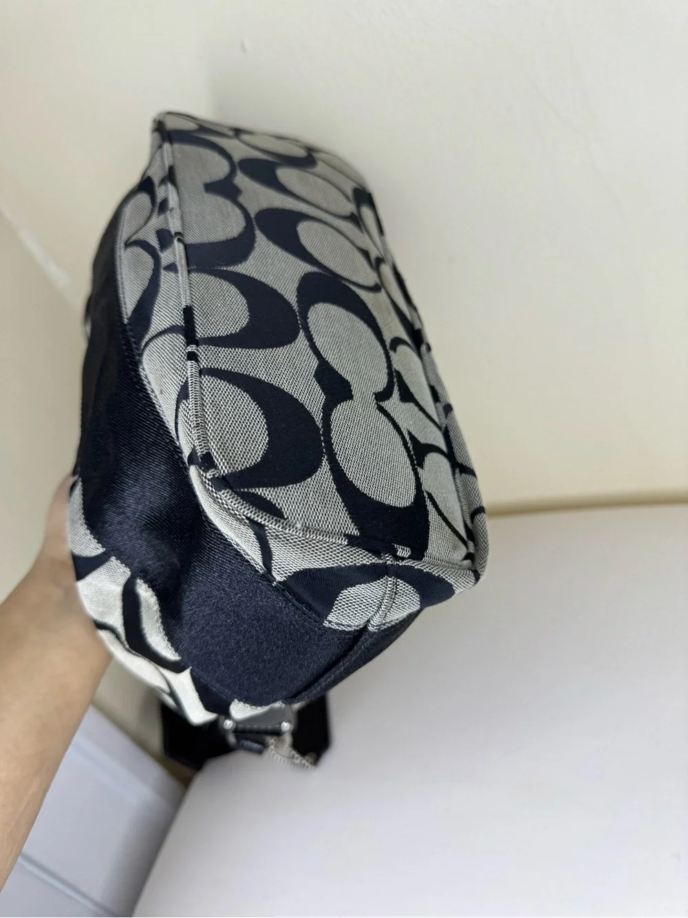 Coach Black & Gray Signature Canvas Shoulder Bag with Leather Trim